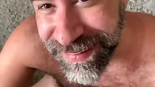 A hot bald headed daddie sucks an unseen son's cock and lets him cream his face