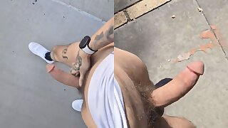 Hung perv leaves his pants behind and takes a stroll thru the park with his hard cock fully exposed