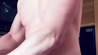 Hands free cumshot in the kitchen