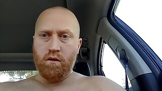 Horny Dad was so horny in the car that he jerks off his cock in the car and cums outside his front door of the car