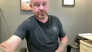 He jerks off his hard cock in his home office during his break