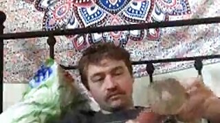 Guy with mustache uses silicon toy to pump his dick out