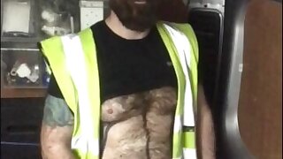 Hot hairy muscular dad jacking off in the back of his work van