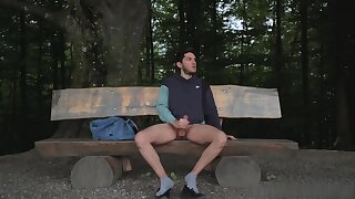 Guy jerks off, a jogger interrupts, hot cumming