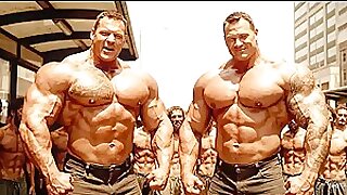 Colossal Muscular Men Tower Over Frail Bus Stop Laborers