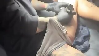 Hot tattoo guy get erect while tattoo himself