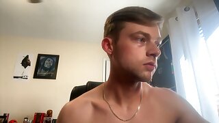 Straight horny white guy jerks off his big cock in his room