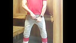Baseball JockDad87 Shoots another Load in the Sauna in Mizuno Socks